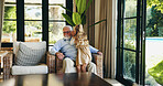 Whisper, grandpa and listening to secret, child and sharing gossip with senior man, bonding and lounge. House, granddaughter and talking to elderly person in living room, together and kid with story