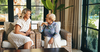 Buy stock photo Lounge, senior mother and woman with conversation for bonding together, funny memory and connection. Home, elderly mom and adult daughter with relationship for communication, catch up and support