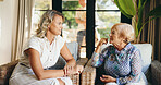 Home, senior mother and woman with conversation for bonding together, share memory and connection. Lounge, elderly mom and adult daughter with relationship for communication, catch up and support