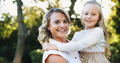 Buy stock photo Garden, portrait and smile of mother with daughter outdoor together for bonding, love or safety. Carry, security or trust with single parent woman and girl child in backyard of home for relationship