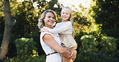 Buy stock photo Outdoor, portrait and mother with child for carrying, relationship and connection together in park. Happy family, mom and girl with love for bonding, caring and trust on weekend holiday in nature
