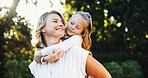 Outdoor, mother and child with piggyback for bonding together, relationship and connection in park. Happy family, mom and girl with parent for carrying, love and care with trust on weekend holiday