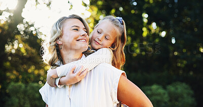 Buy stock photo Outdoor, mother and child with piggyback for bonding together, relationship and connection in park. Happy family, mom and girl with parent for carrying, love and care with trust on weekend holiday