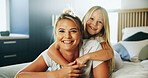 Portrait, mother and hug child in bedroom for love, security and playful by bonding together. Happy, family and embrace with girl for support, affection and parental care of childhood growth at house