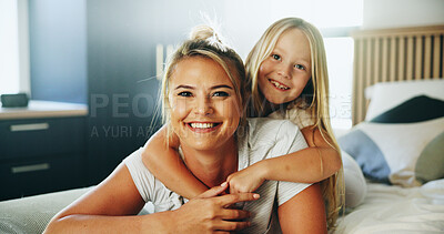 Buy stock photo Portrait, mother and hug child in bedroom for love, security and playful by bonding together. Happy, family and embrace with girl for support, affection and parental care of childhood growth at house