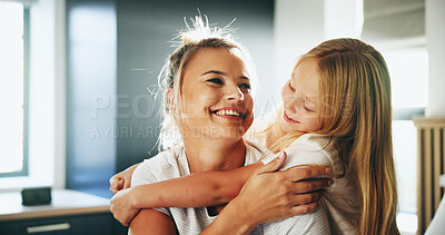 Buy stock photo Happy, mother and hug child in bedroom for love, security and playful by bonding together. Smile, family and embrace with girl for support, affection and parental care for childhood growth at house