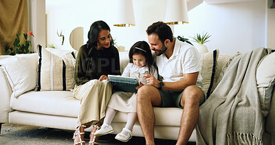 Buy stock photo Home, parents and girl with tablet, smile and bonding together with happiness, internet and app for game. Father, mother and daughter in lounge, tech and online safety with entertainment and ebook