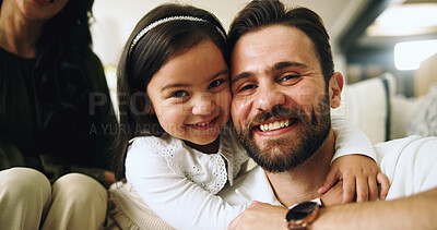 Buy stock photo Hug, portrait and smile of dad with daughter in living room of home together for bonding or love. Happy, safety or security with girl child and man parent embracing in apartment for development