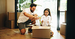 Box, moving in or relocation with dad and daughter in new home for property or real estate investment. Development, growth or unpacking with single parent man and girl child in apartment for mortgage