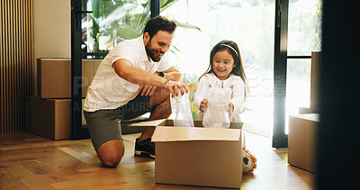 Buy stock photo Box, moving in or relocation with dad and daughter in new home for property or real estate investment. Development, growth or unpacking with single parent man and girl child in apartment for mortgage