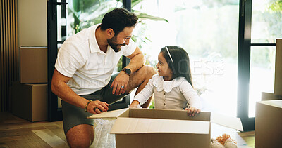 Buy stock photo Box, moving in or smile with dad and daughter in new home for property or real estate investment. Development, growth or relocation with happy girl child and single parent man in apartment for loan