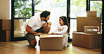 Boxes, excited or moving in with dad and daughter in new home for property or real estate investment. Family, growth or relocation with single parent man and girl child in apartment for mortgage