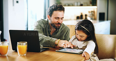 Buy stock photo Tablet, education and dad with daughter at home for elearning, homework and teaching. Helping, support and online class with man and child in family house for student subscription and remote school