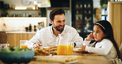 Buy stock photo Muslim, father and child with food at house for Eid lunch, healthy meal and feast for celebration. Happy, man and girl with nutrition dish, religious event and fasting cuisine for bonding together