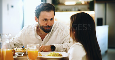 Buy stock photo Breakfast, food or morning with father and daughter at dining room table in home together. Eating, love or smile with single parent dad and girl child in apartment for bonding, nutrition or trust