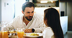 Breakfast, food or morning with father and daughter at dining room table in home together. Eating, love or smile with single parent dad and girl child in apartment for bonding, nutrition or trust