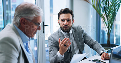 Buy stock photo Discussion, boss and employee with ideas, office and documents with info for pitch or ceo. Corporate, sales manager and suggestion for proposal on paperwork, talking and people with plan for business