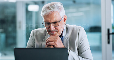 Buy stock photo Laptop, smile and thinking with business man in office for corporate administration or problem solving. Ideas, planning and solution with mature professional working on computer for management