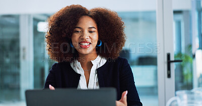 Buy stock photo Business, video call and woman in office, laptop and online meeting with webinar for trading. Person, employee or professional in workplace, smile and virtual seminar for investment and profit growth