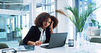 Stress, laptop and businesswoman in office with fatigue, burnout or exhaustion with finance report deadline. Computer, frustrated and female financial advisor with confusion for client investment.
