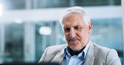 Buy stock photo Mature, accountant or businessman with laptop for review, risk assessment or research. Financial management, company budget or investment banker with technology for accounting, taxes or profit growth