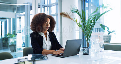 Buy stock photo African, accountant or businesswoman with laptop for review, risk assessment or research. Financial management, budget or investment banker with technology for accounting, taxes and profit growth