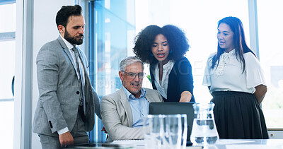 Buy stock photo Talking, accounting team or business people on laptop for budget savings, risk assessment or research. Collaboration, group or investment banker with manager for financial review or profit growth