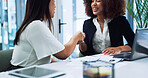 Business women, smile and handshake in office for merger, partnership or acquisition. Agreement, team and shaking hands with company buyer for deal, equity purchase and integration with joint venture