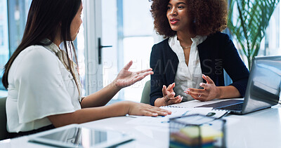 Buy stock photo Business women, brainstorming and team planning project, talking or financial proposal in office. Laptop, meeting and conversation with manager for investment, strategy or explain idea with paper