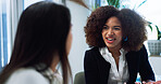Collaboration, conversation and meeting with business women in office together for planning. Corporate, problem solving and teamwork with employee people in workplace for discussion or feedback