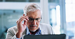 Thinking, laptop and mature man with glasses, investor and ideas for investment opportunity and serious. Corporate, entrepreneur and person with tech for stock market, planning and review of website