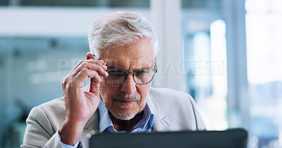 Buy stock photo Thinking, laptop and mature man with glasses, investor and ideas for investment opportunity and serious. Corporate, entrepreneur and person with tech for stock market, planning and review of website