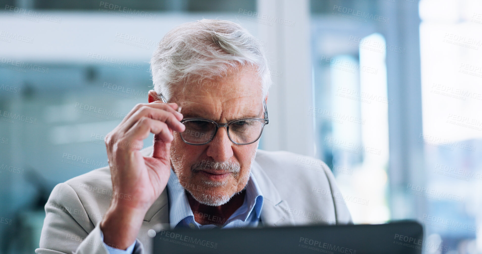 Buy stock photo Thinking, laptop and mature man with glasses, investor and ideas for investment opportunity and serious. Corporate, entrepreneur and person with tech for stock market, planning and review of website