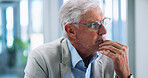 Serious, thinking and mature man in office, investor and ideas for investment opportunity or corporate. Planning, entrepreneur and person with financial strategy in business, reflection and vision