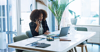 Buy stock photo Business, woman and phone call with tablet at desk for finance planning, investment management or feedback. Financial advisor, contact or consulting client for portfolio update or performance monitor