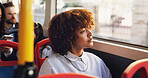 Thinking, woman and window on bus in city for travel, public transport and view for sightseeing. Person, passenger and reflection on vehicle for trip, urban journey and morning commute to destination