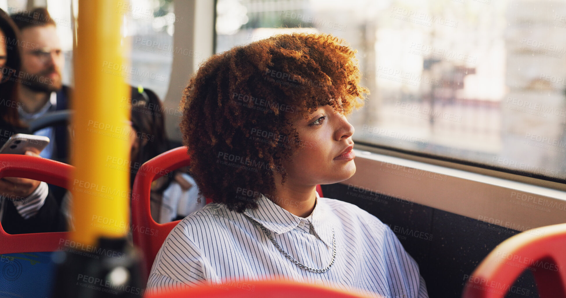 Buy stock photo Thinking, woman and window on bus in city for travel, public transport and view for sightseeing. Person, passenger and reflection on vehicle for trip, urban journey and morning commute to destination