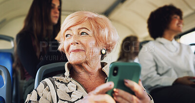 Buy stock photo Bus, senior woman and thinking with phone for travel location, message and communication with contact. Public transport, elderly person and passenger with mobile for map application, commute and chat