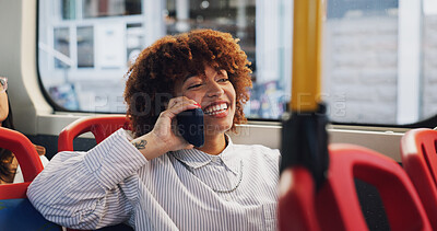Buy stock photo Phone call, happy and woman on bus for travel with communication, network or contact for university. Cellphone, smile and female student on mobile conversation for college results on public transport