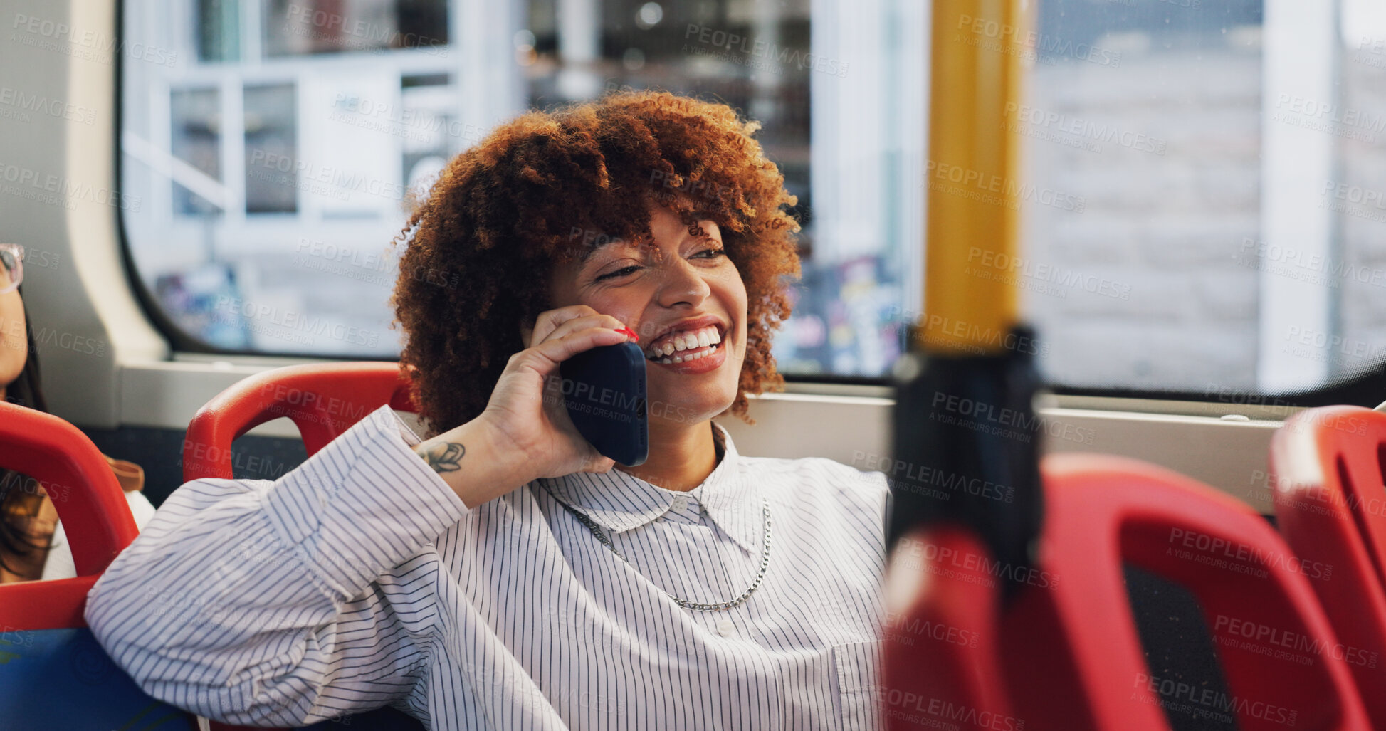 Buy stock photo Phone call, happy and woman on bus for travel with communication, network or contact for university. Cellphone, smile and female student on mobile conversation for college results on public transport
