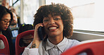 Phone call, smile and woman on bus for travel with communication, networking or contact for university. Cellphone, happy and student on mobile conversation for college results on public transport.