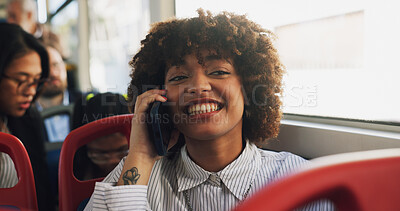 Buy stock photo Phone call, smile and woman on bus for travel with communication, networking or contact for university. Cellphone, happy and student on mobile conversation for college results on public transport.