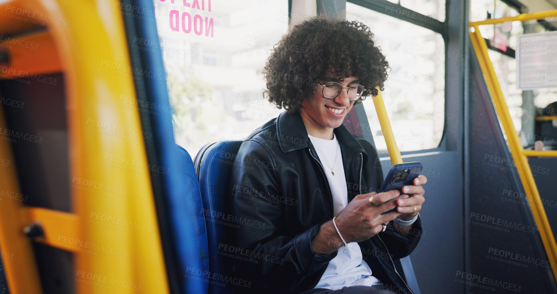 Buy stock photo Cellphone, smile and man on bus online for checking university exam results on mobile app with travel. Phone, college and male student reading acceptance email on public transportation in city.