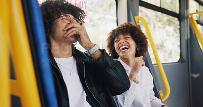 Buy stock photo Laughing , love and travel with couple on bus together for public transportation to destination. Commute, funny or tourism with man and woman in vehicle for adventure, journey or trip to location