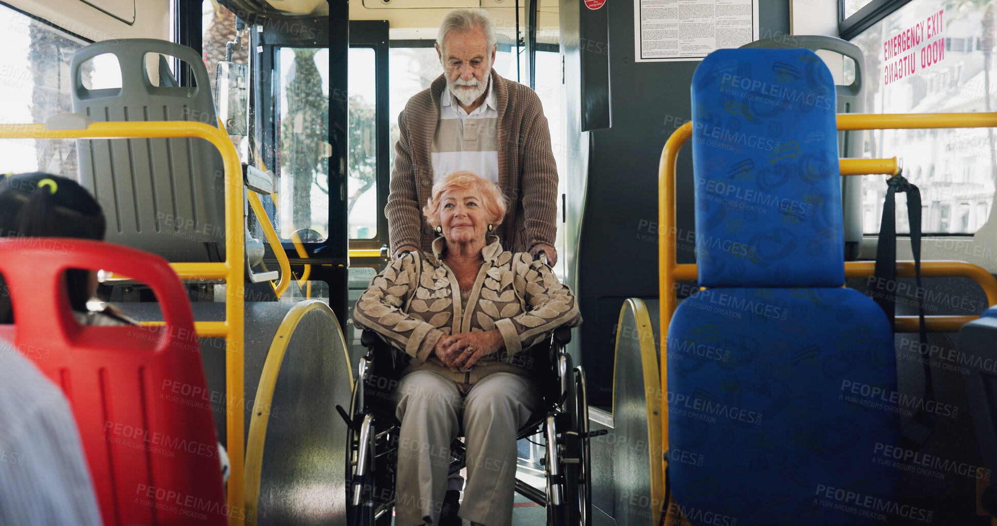 Buy stock photo Elderly woman, wheelchair and transport in bus with man, push and helping hand for travel in town. Senior couple, support and person with disability, mobility aid and retirement with trip in city