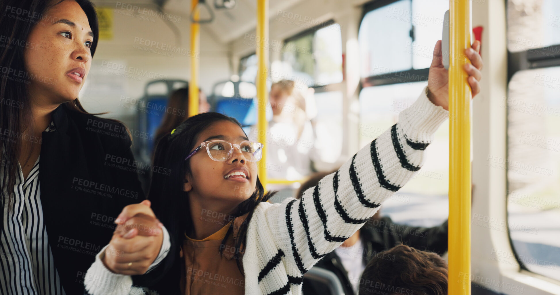 Buy stock photo Bus, button or stop with mother and daughter on morning commute together for journey or trip. Press, public transportation or push with single parent woman and girl child in vehicle for travel