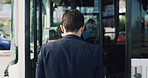 Back, bus stop and man with entrance, travel and boarding station with public transportation. Enter, city service or passenger with vehicle trip, morning commute or urban town with journey or routine