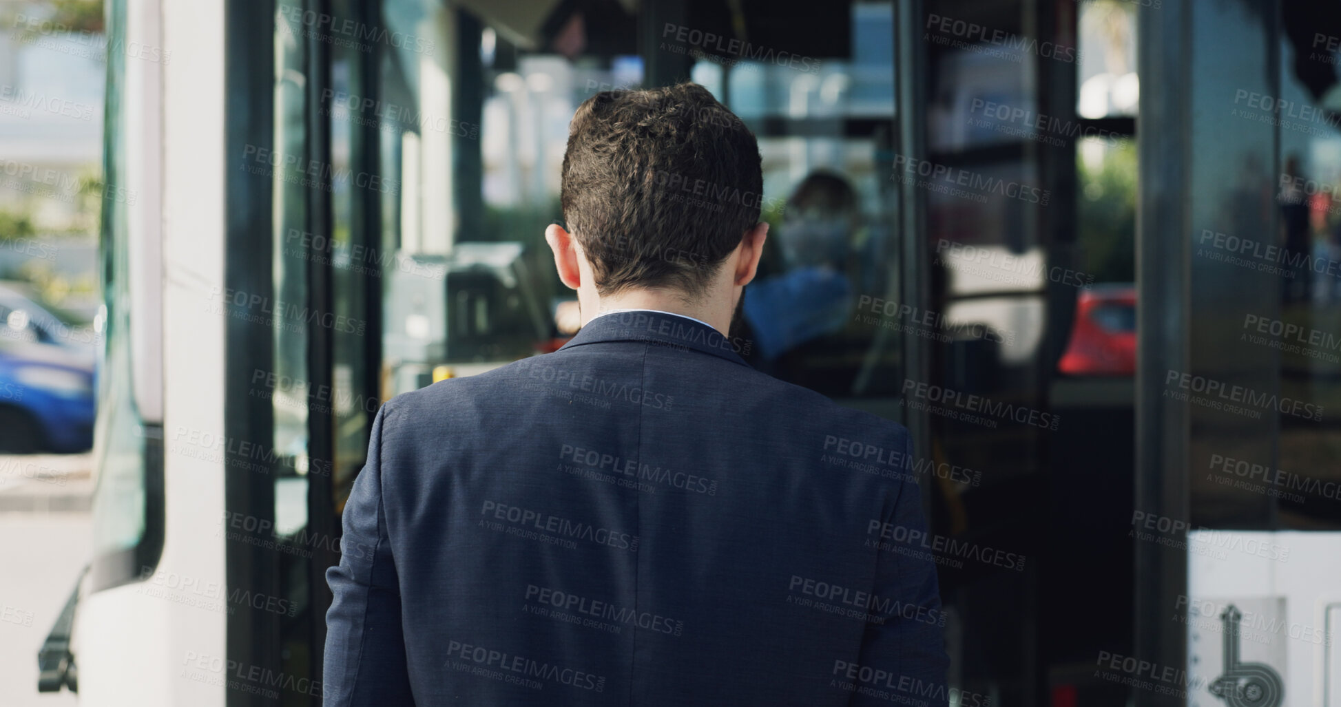 Buy stock photo Back, bus stop and man with entrance, travel and boarding station with public transportation. Enter, city service or passenger with vehicle trip, morning commute or urban town with journey or routine