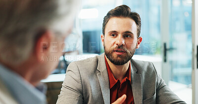 Buy stock photo Collaboration, conversation and meeting with business men in office together for discussion or planning. Corporate, feedback and teamwork with employee people at work for professional development