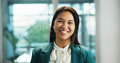 Buy stock photo Portrait, business and woman in office, smile and corporate professional with inflation expert. Face, happy person and economy specialist in workplace, confidence and pride with career ambition